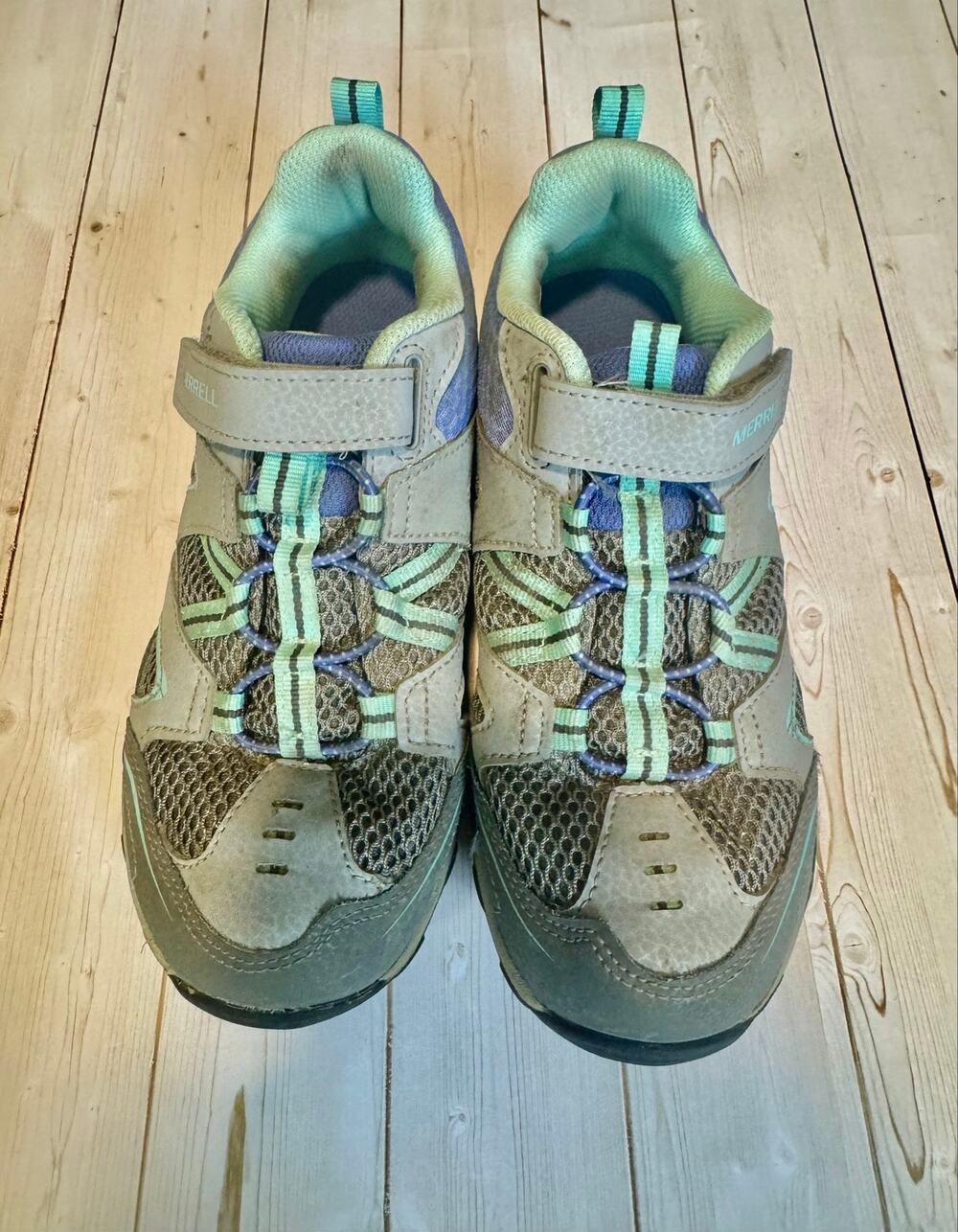 Merrell Youth Hiking Shoes Gray Blue Green Velcro Bungee Size US 4.0M / EU 35